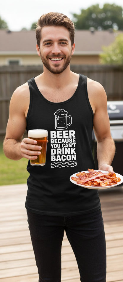 You Can't Drink Bacon Beer Funny Lovers Tank Top - lifestyle model mockup - Black