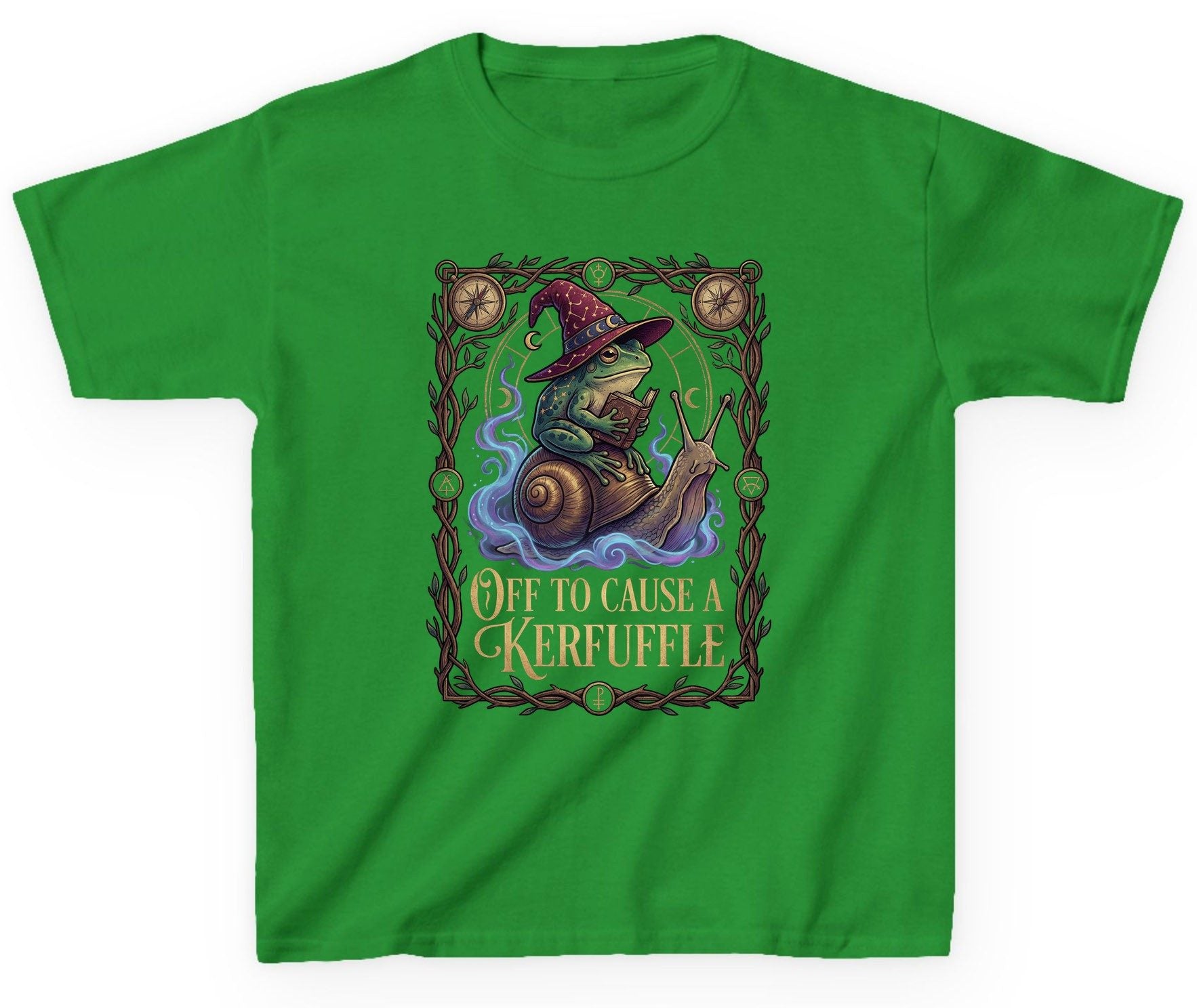 Off to Cause a Kerfuffle frog wizard Youth T-Shirt Irish Green product mockup