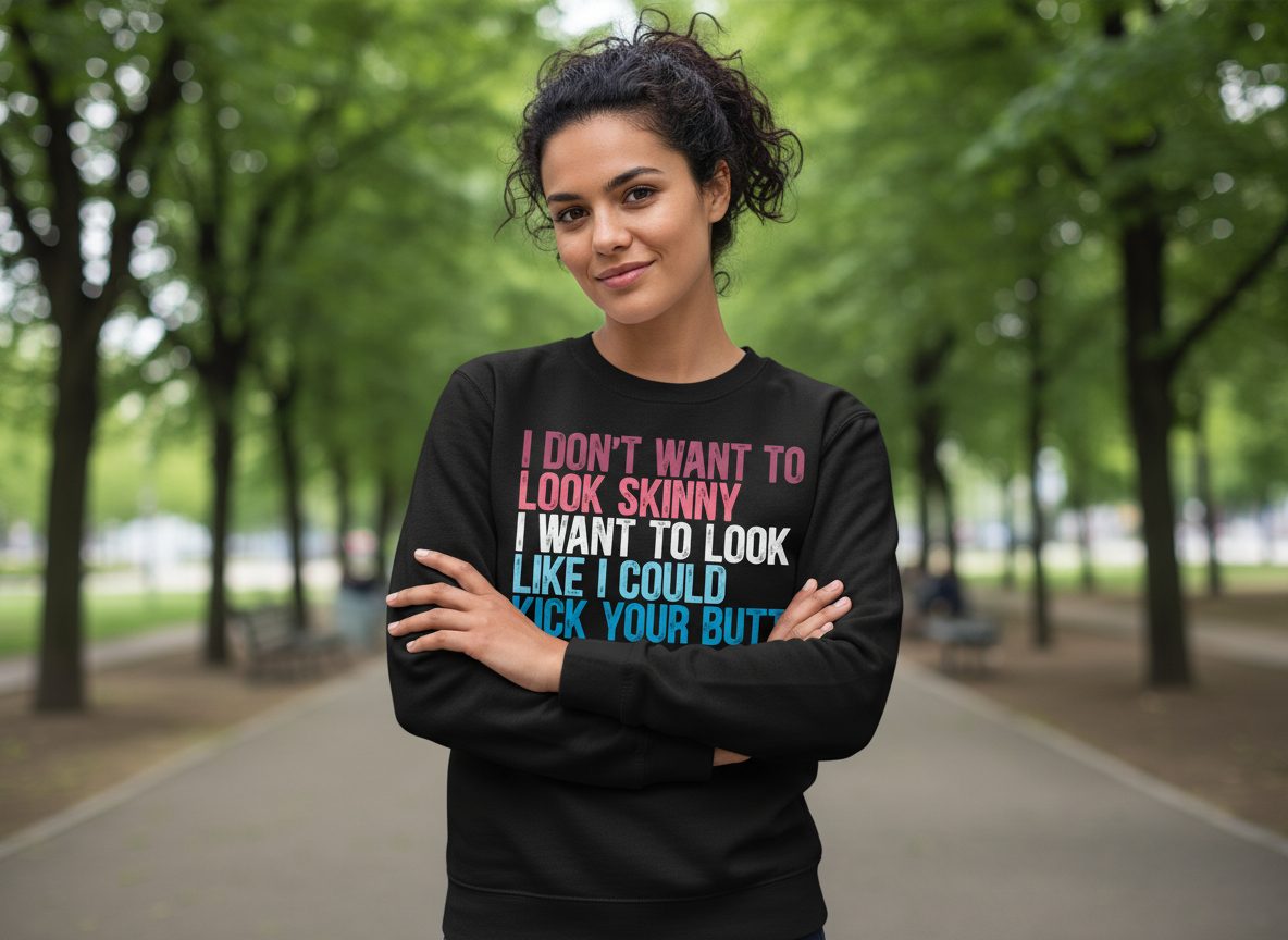 I Don't Want to Look Skinny I Want to Look Like I Could Kick Your Butt fitness and empowerment Sweatshirt Black lifestyle
