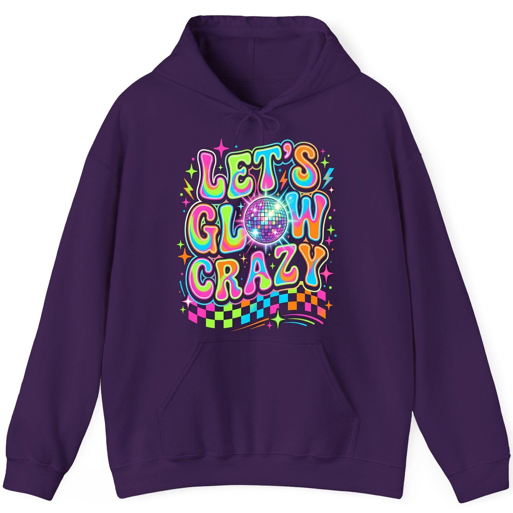 Let's Glow Crazy Retro Party Hoodie - product mockup - Purple