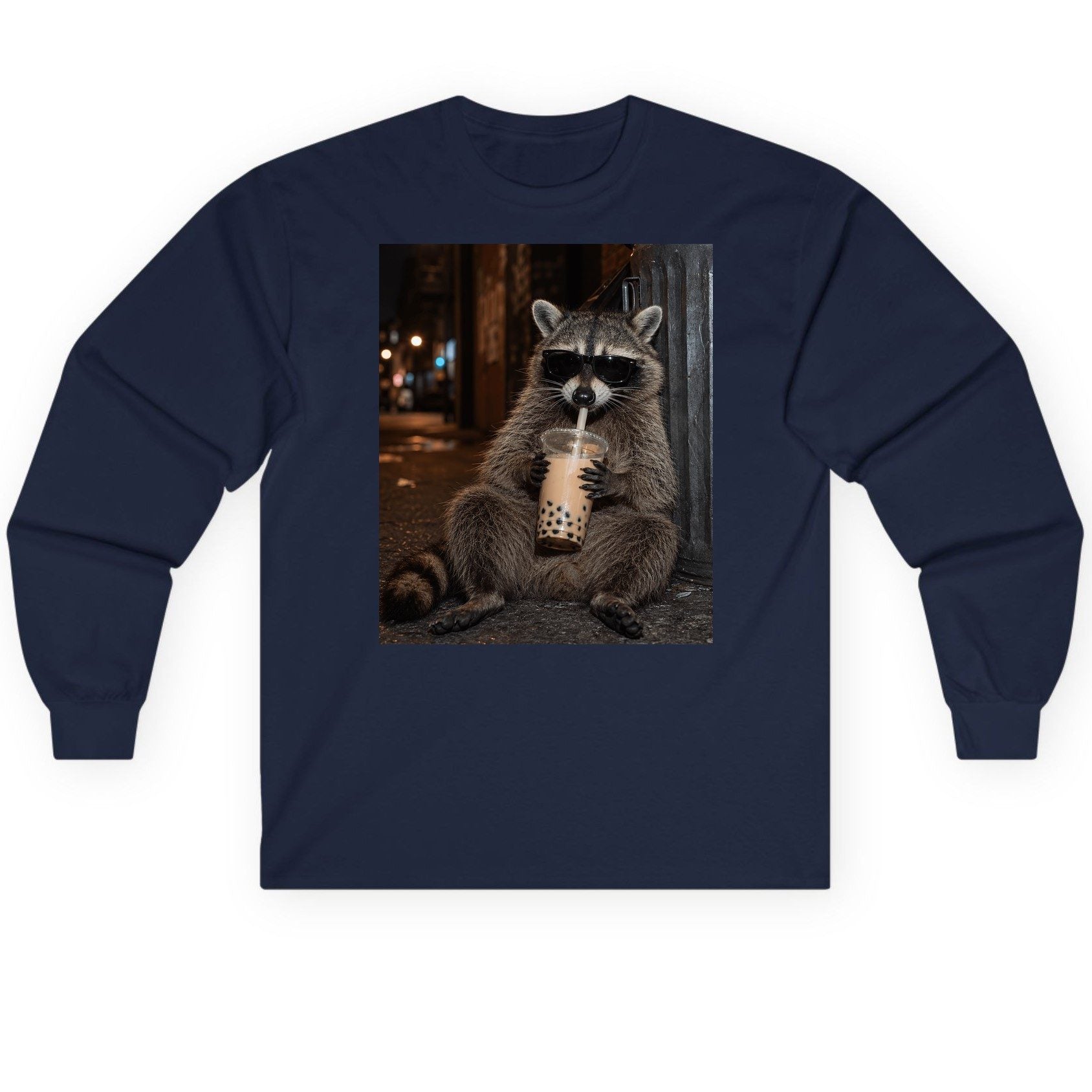 Cool Raccoon Bubble Tea Funny Lovers Long Sleeve Tee - product mockup - Navy