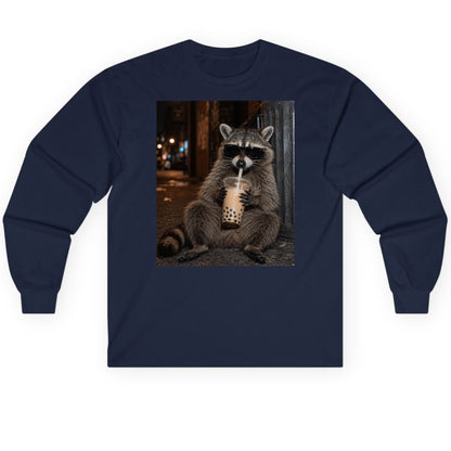 Cool Raccoon Bubble Tea Funny Lovers Long Sleeve Tee - product mockup - Navy