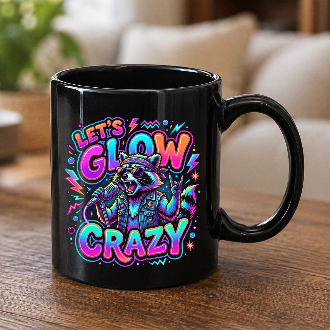Let's Glow Crazy Funny Rockstar Raccoon Black Mug - product mockup - Black