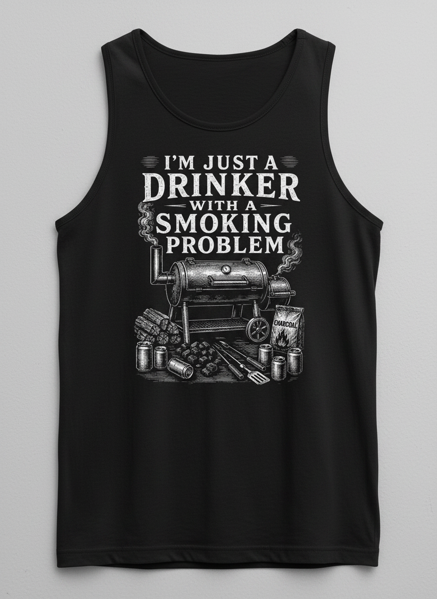 I'M JUST A DRINKER WITH A SMOKING PROBLEM Funny Drinker With A Smoking Problem BBQ Tank Top - product mockup - Black