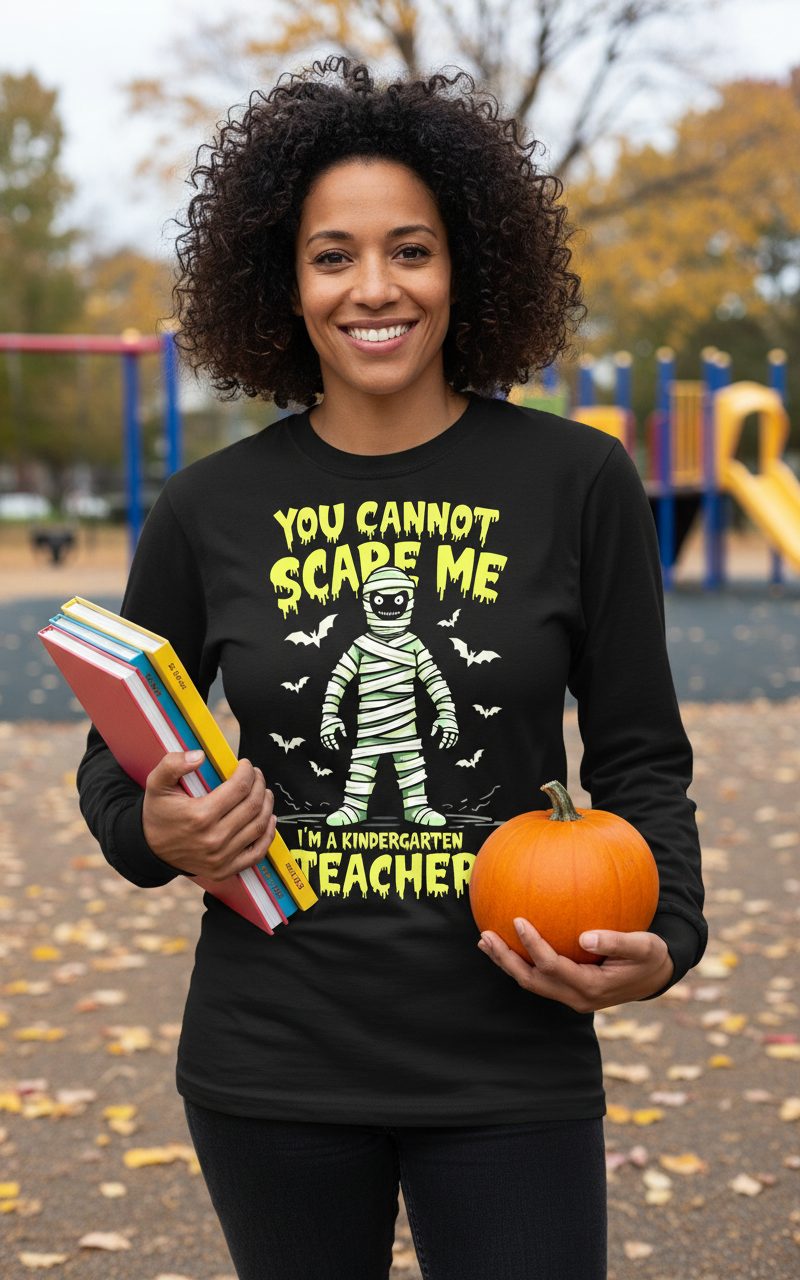 You Cannot Scare Me I'm a Kindergarten Teacher kindergarten teacher Long Sleeve Tee Black lifestyle mockup