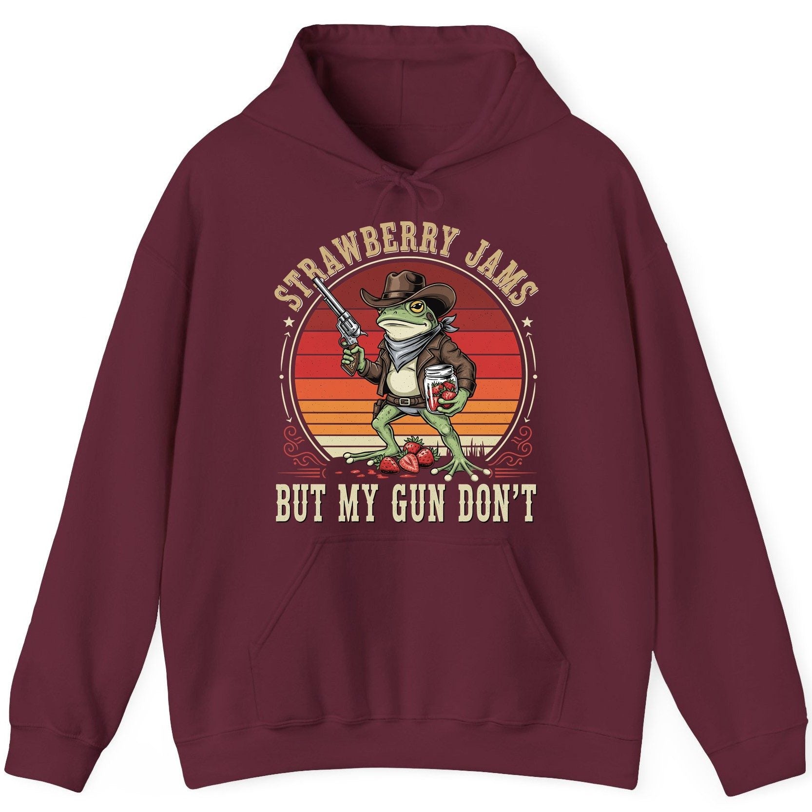 Strawberry Jams but My Gun Don't cowboy frog Hoodie Maroon product mockup