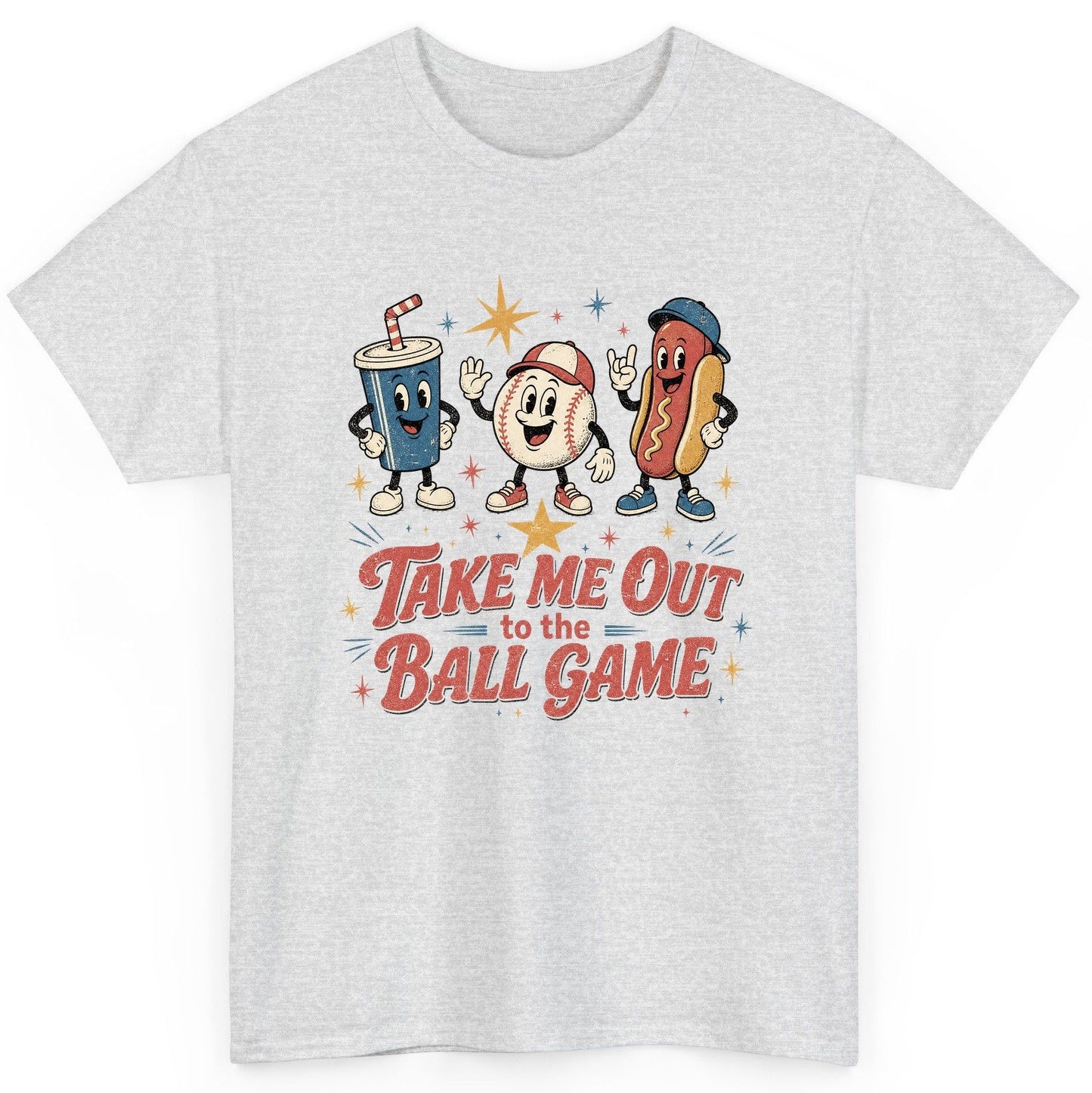 Take Me Out to the Ball Game Retro Baseball T-Shirt - product mockup - Ash