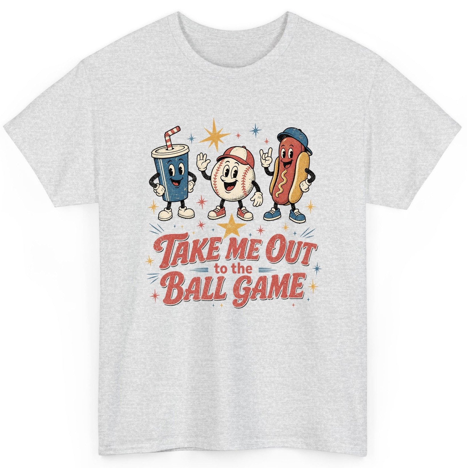 Take Me Out to the Ball Game Retro Baseball T-Shirt - product mockup - Ash