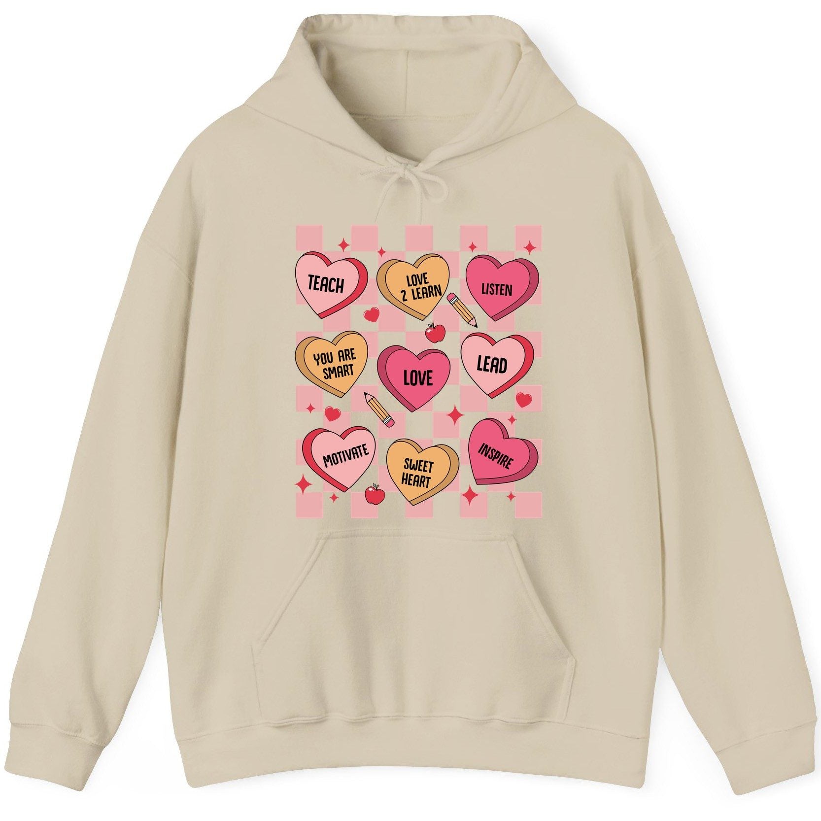 Inspirational Teacher Conversation Hearts teacher appreciation Hoodie Sand product mockup