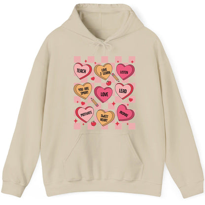 Inspirational Teacher Conversation Hearts teacher appreciation Hoodie Sand product mockup