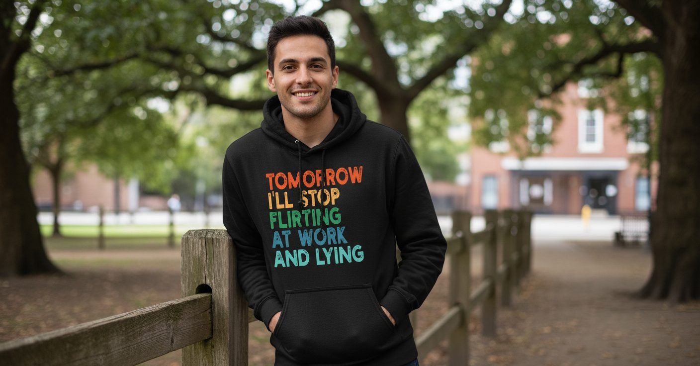 Tomorrow I'll Stop Flirting at Work and Lying Seriously workplace humor Hoodie Black lifestyle mockup