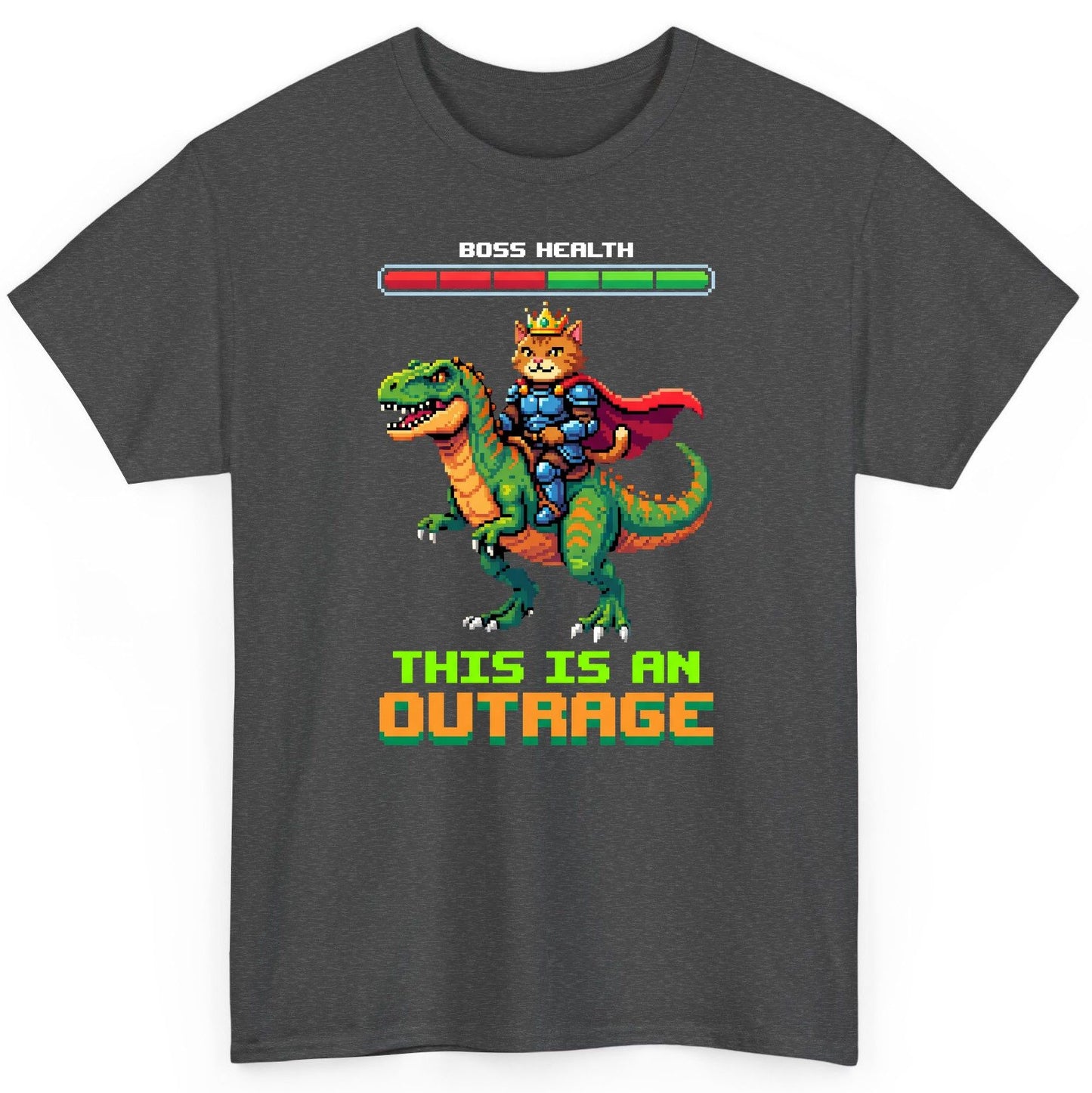 THIS IS AN OUTRAGE Cat riding a dinosaur T-Shirt Dark Heather product mockup