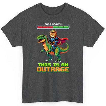 THIS IS AN OUTRAGE Cat riding a dinosaur T-Shirt Dark Heather product mockup