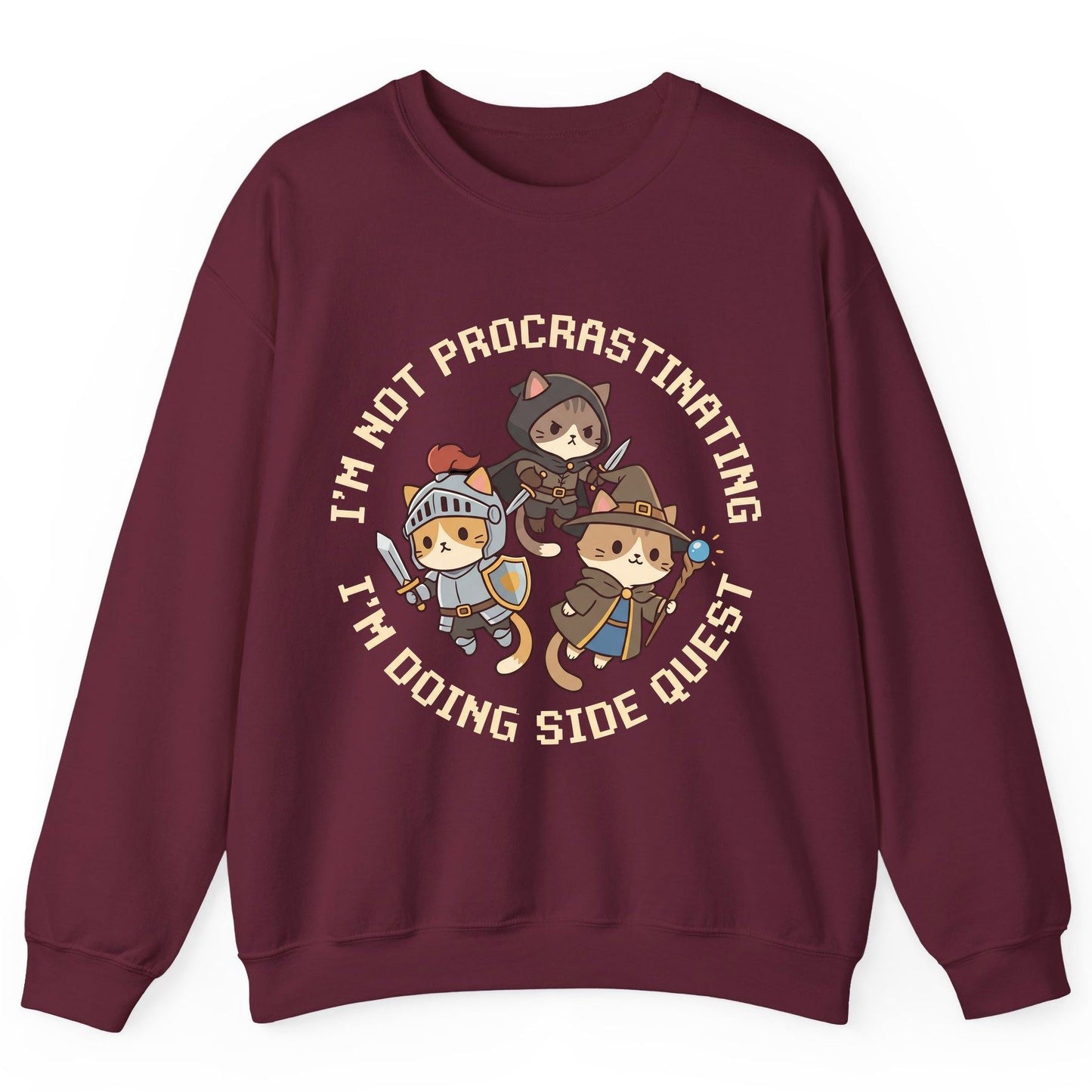 I'm Not Procrastinating I'm Doing Side Quest rpg cats Sweatshirt Maroon product mockup