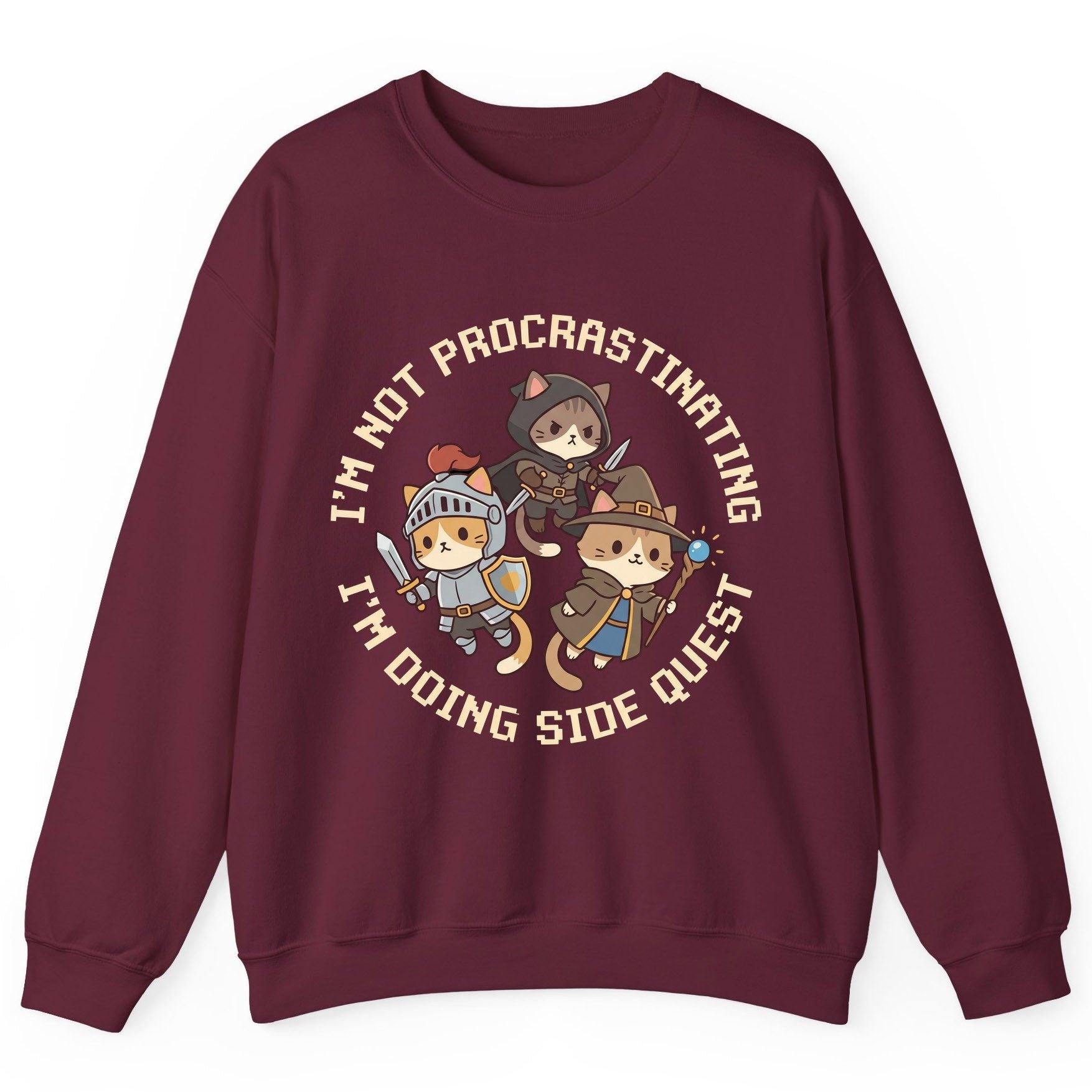 I'm Not Procrastinating I'm Doing Side Quest rpg cats Sweatshirt Maroon product mockup