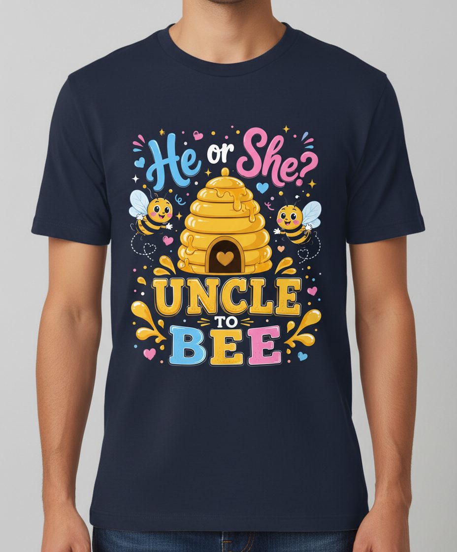 He or She Uncle to Bee Gender Reveal T-Shirt - product mockup - Navy