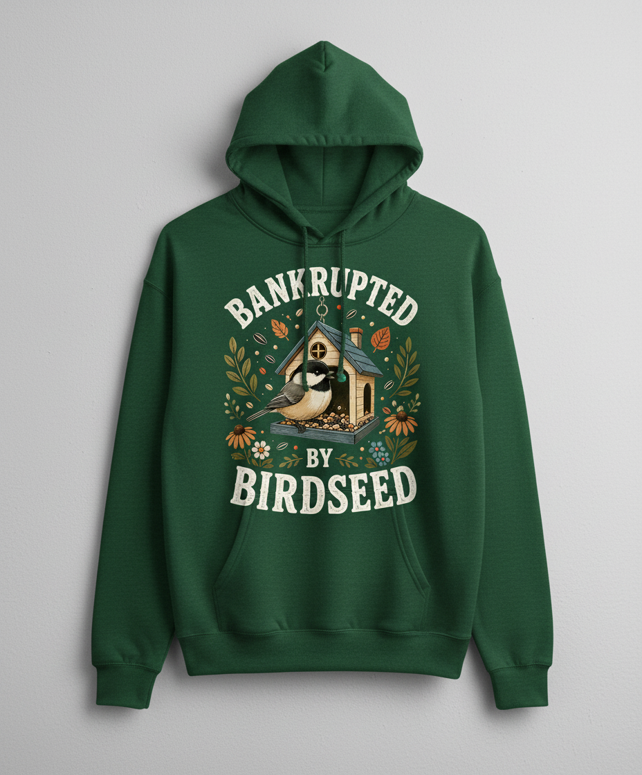 Bankrupted By Birdseed Funny Hoodie - product mockup - Forest Green
