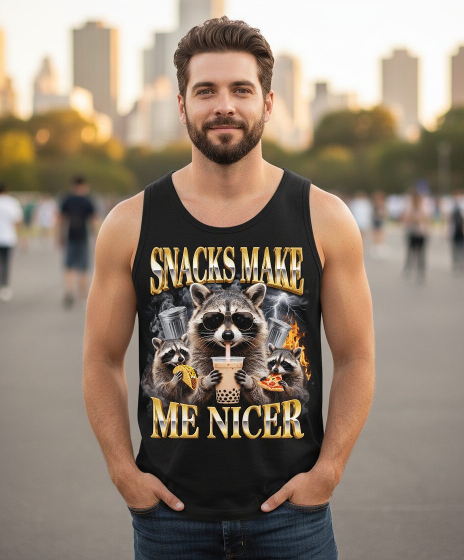 SNACKS MAKE ME NICER Funny Raccoon Tank Top - lifestyle model mockup - Black