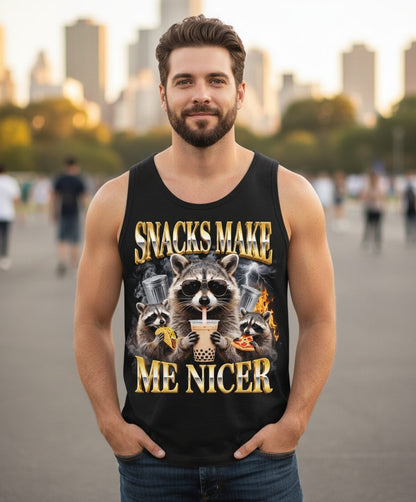 SNACKS MAKE ME NICER Funny Raccoon Tank Top - lifestyle model mockup - Black