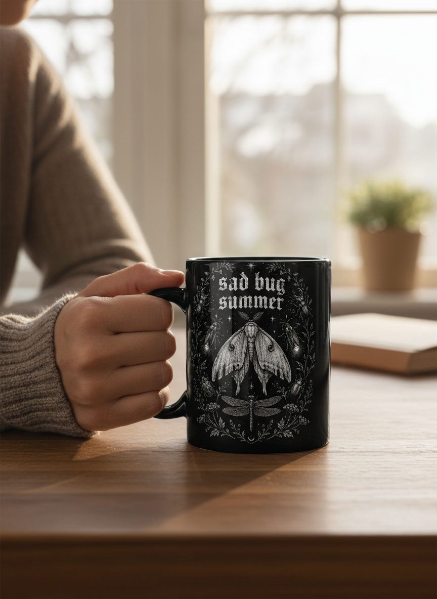 Sad Bug Summer Vintage Insects Black Mug - lifestyle model mockup - Black