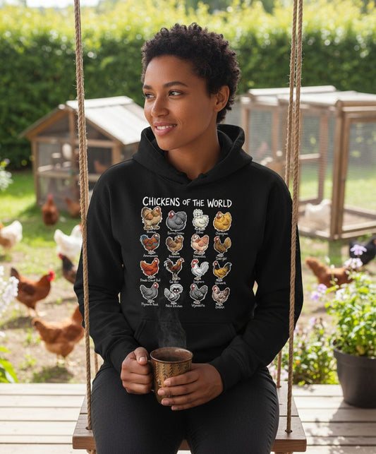 Chickens of the World chicken breeds Hoodie Black lifestyle mockup