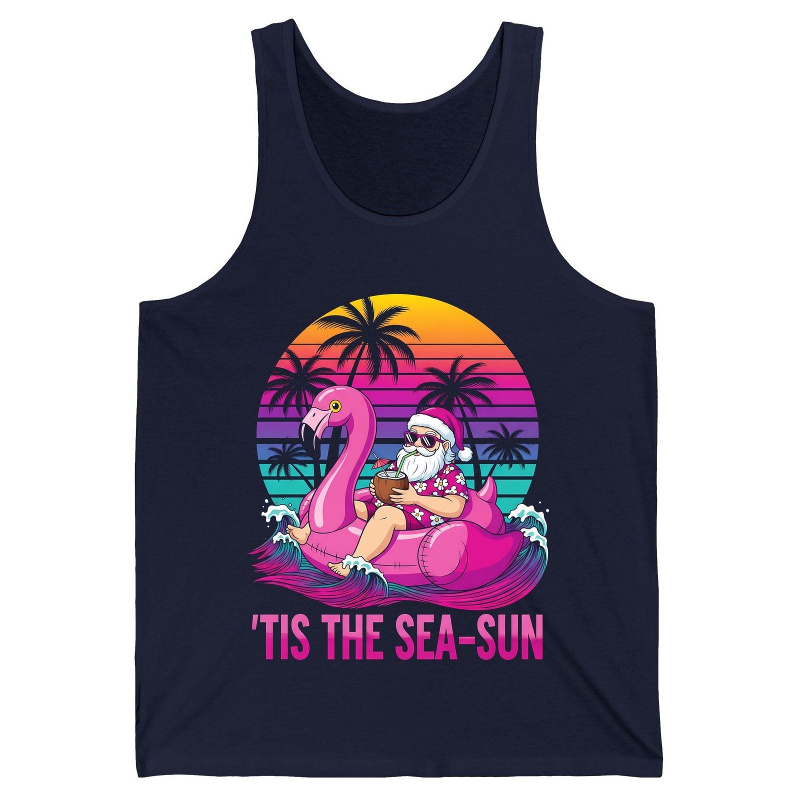 'Tis the Sea-Sun tropical santa claus Tank Top Navy product mockup