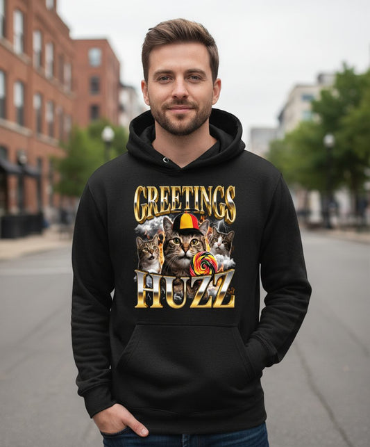 Greetings HUZZ Funny Cats Hoodie - lifestyle model mockup - Black