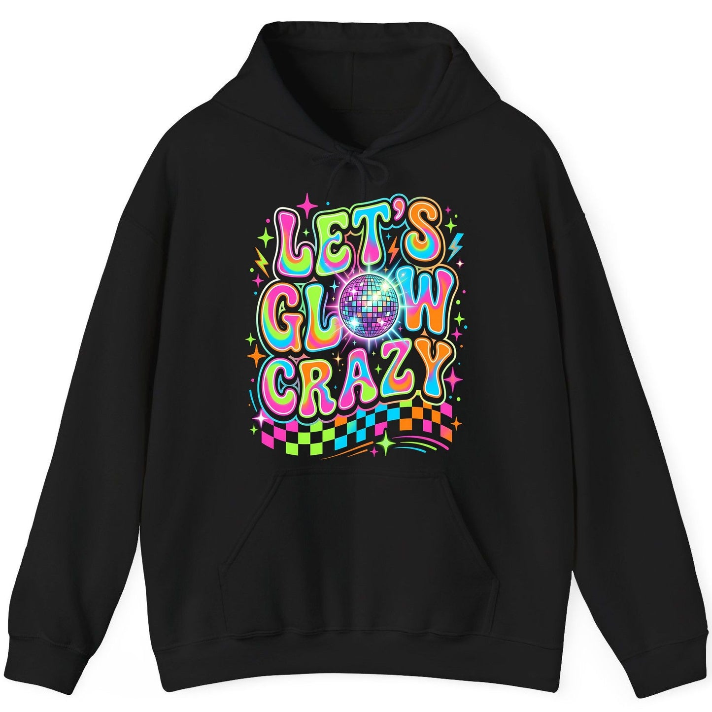 Let's Glow Crazy Retro Party Hoodie - product mockup - Black