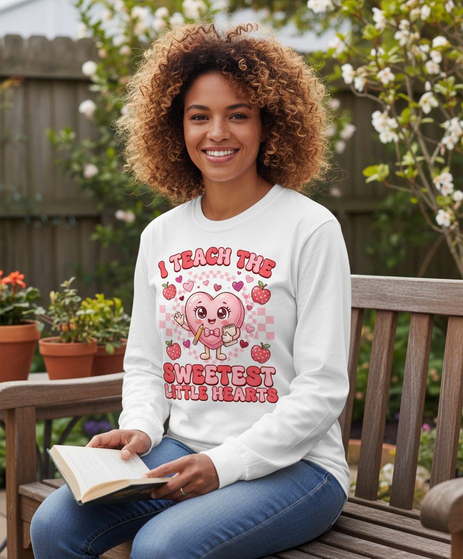 I Teach the Sweetest Little Hearts teaching Long Sleeve Tee White lifestyle mockup