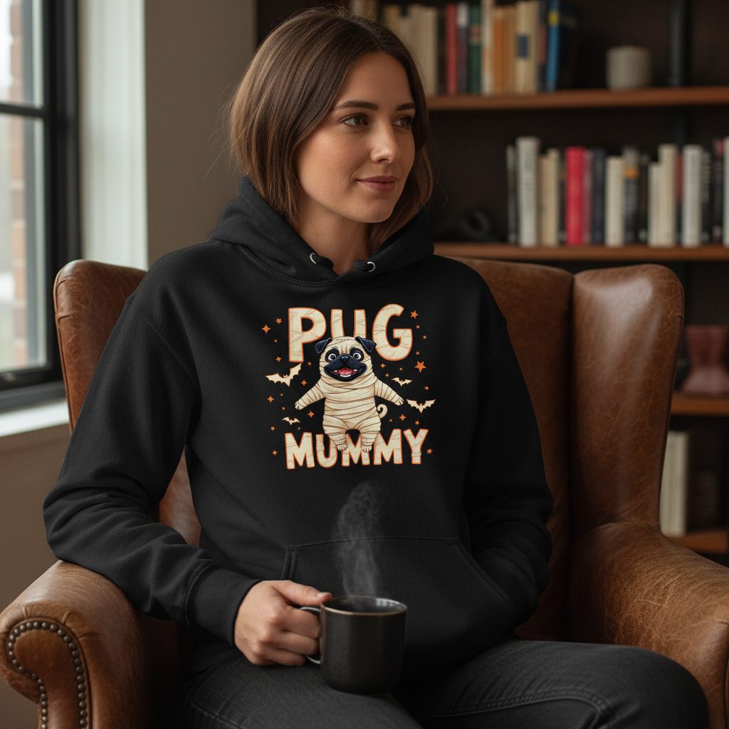 Pug Mummy pug Hoodie Black lifestyle mockup