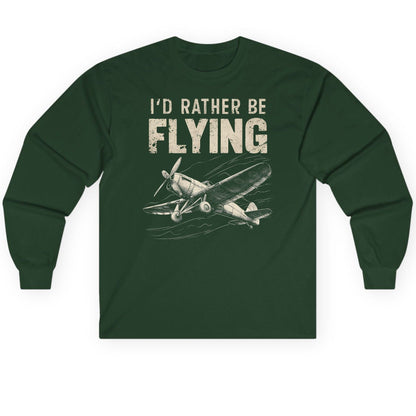 I'd Rather Be Flying vintage propeller plane Long Sleeve Tee Forest Green product mockup