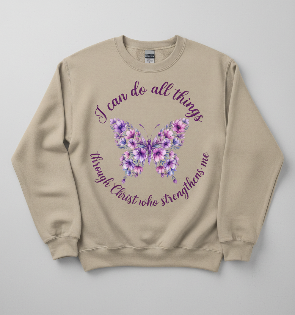 Floral Butterfly 'I can do all things through Christ' Bible Verse Sweatshirt - Sand