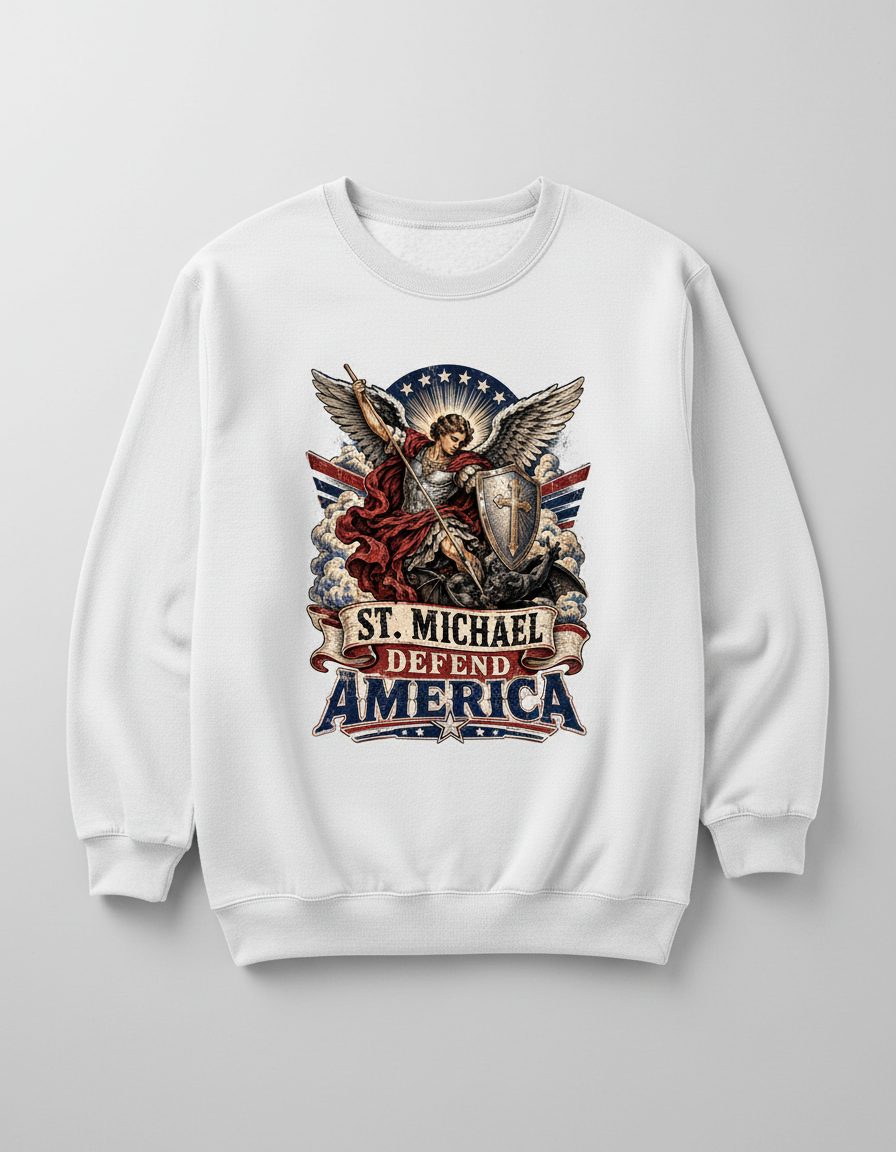 St Michael Defend America Vintage Patriotic Christian Sweatshirt - product mockup - White