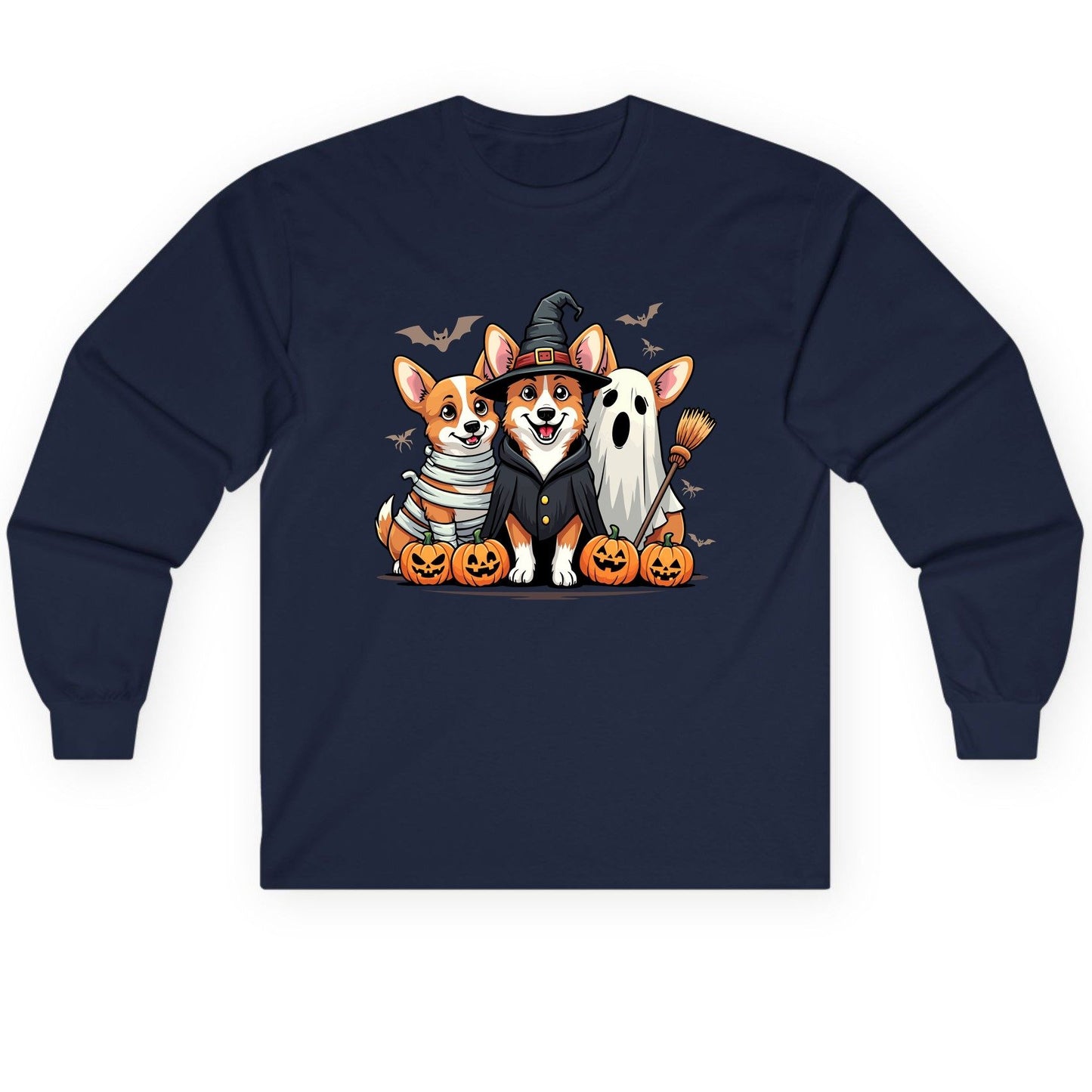 Halloween Corgi Trio Halloween corgis Long Sleeve Tee Navy product mockup