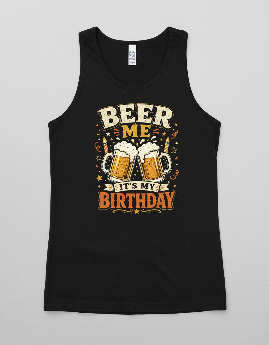 Beer Me It's My Birthday Funny Tank Top - product mockup - Black