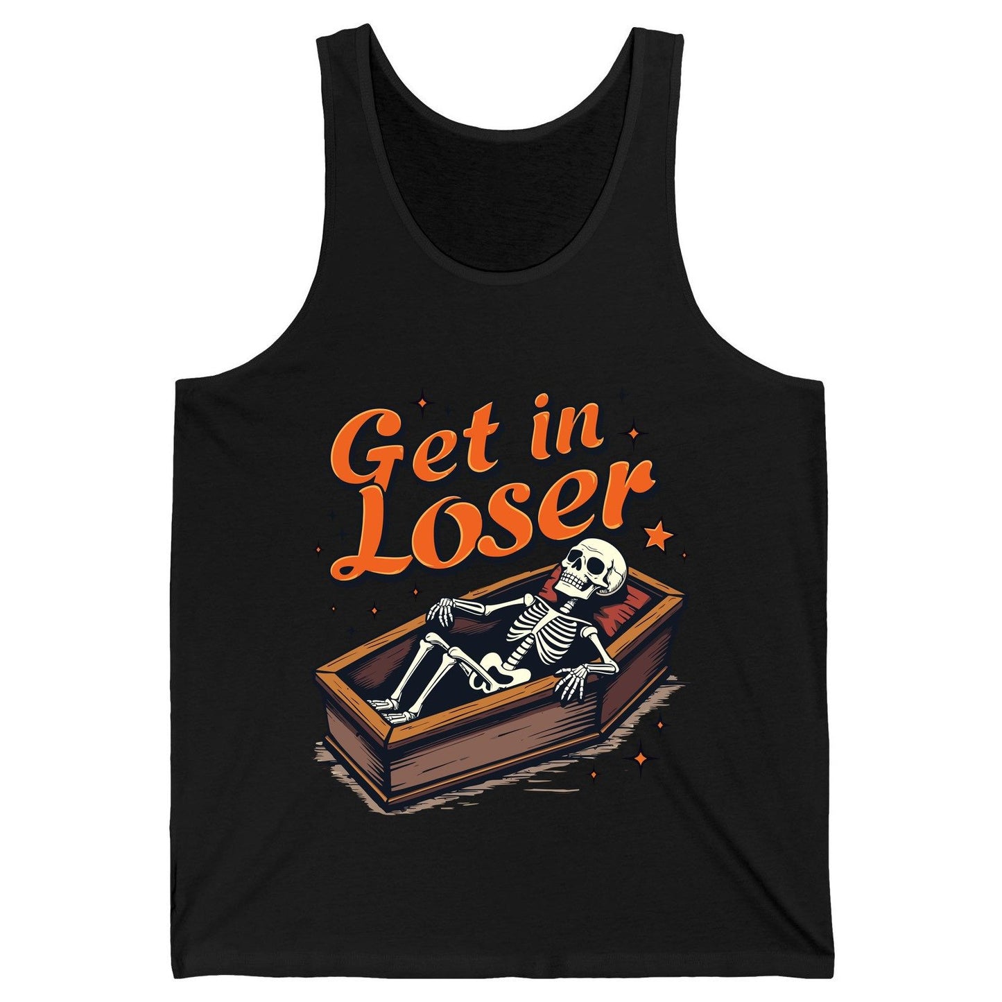 Get in Loser skeleton in coffin Tank Top Black product mockup