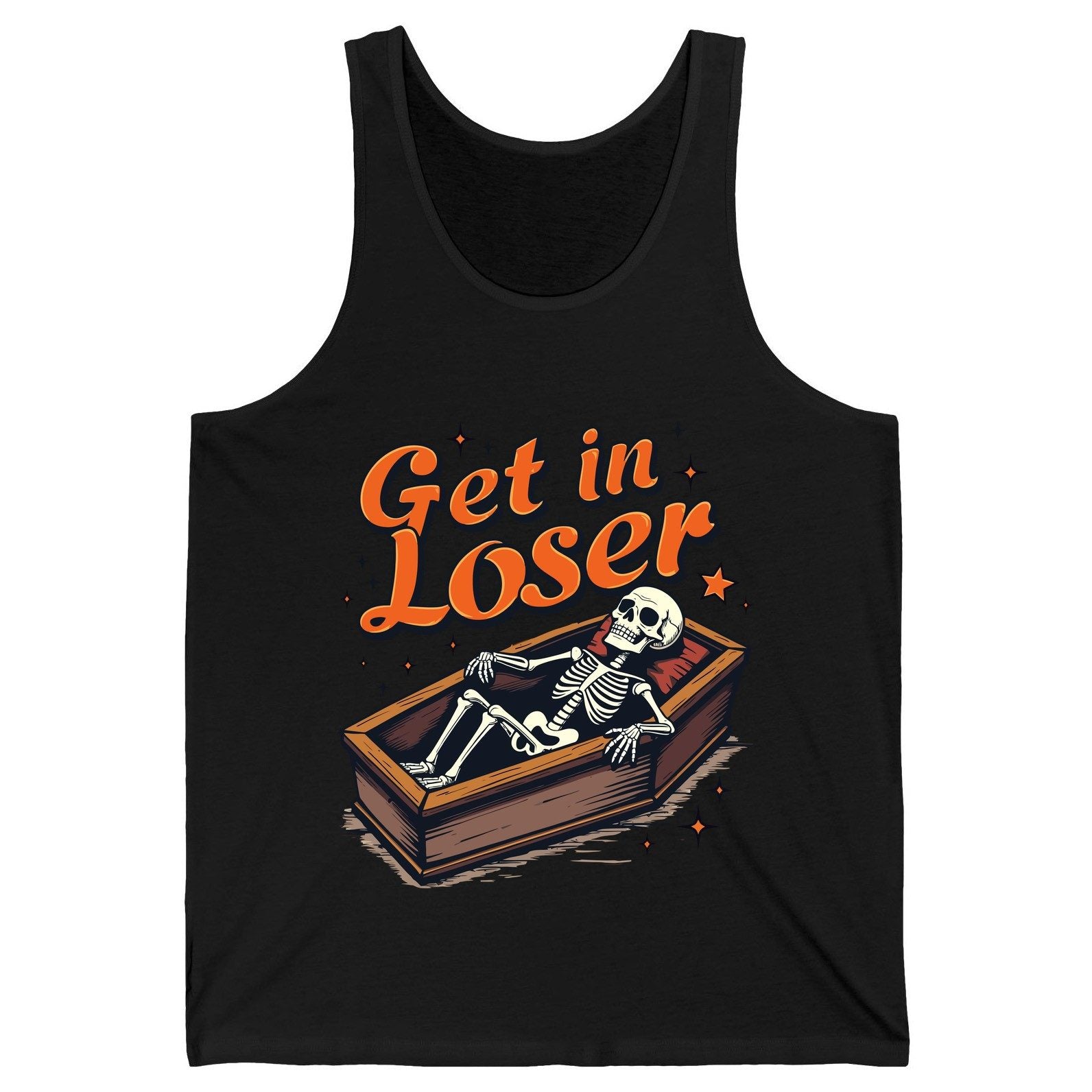 Get in Loser skeleton in coffin Tank Top Black product mockup