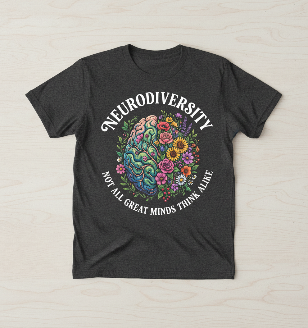 Neurodiversity Floral Brain 'Not All Great Minds Think Alike' T-Shirt - Dark Heather