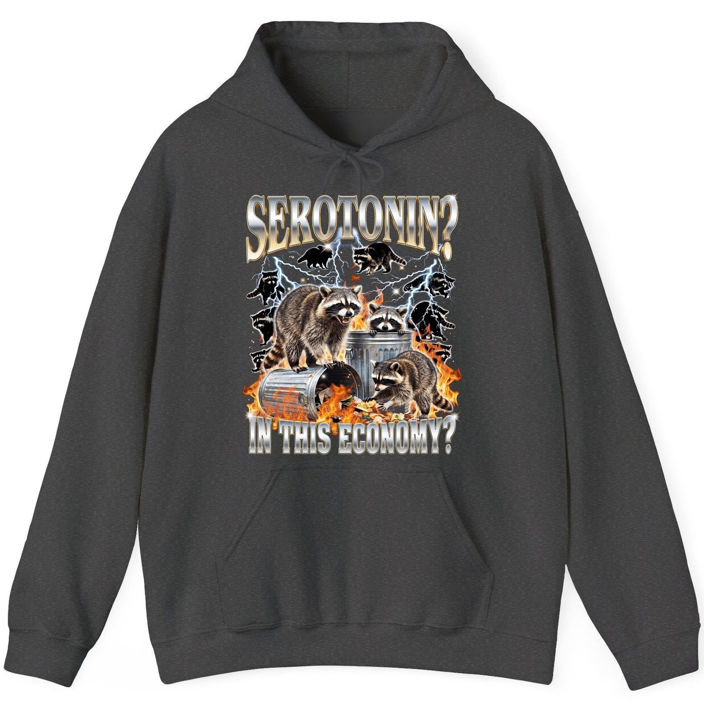 Serotonin in This Economy? raccoons Hoodie Dark Heather product mockup