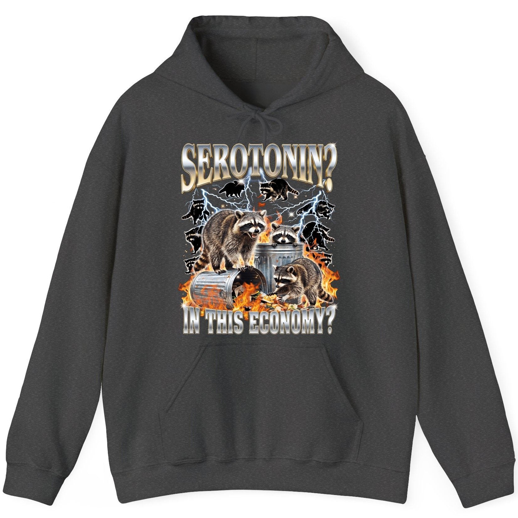 Serotonin in This Economy? raccoons Hoodie Dark Heather product mockup
