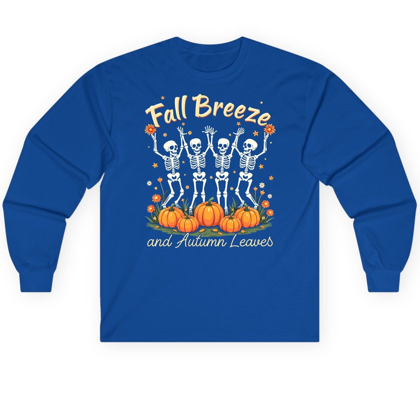 Fall Breeze and Autumn Leaves dancing skeletons Long Sleeve Tee Royal product mockup