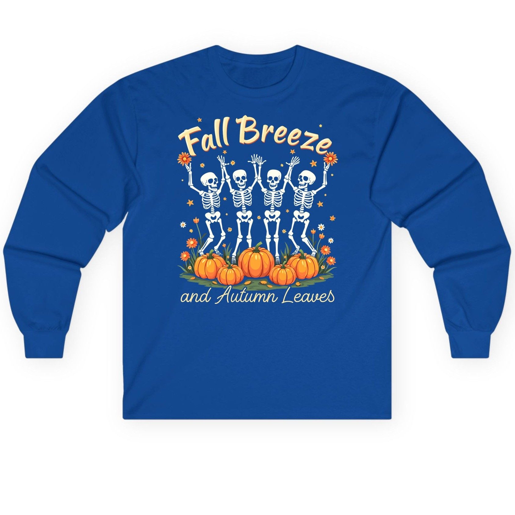 Fall Breeze and Autumn Leaves dancing skeletons Long Sleeve Tee Royal product mockup