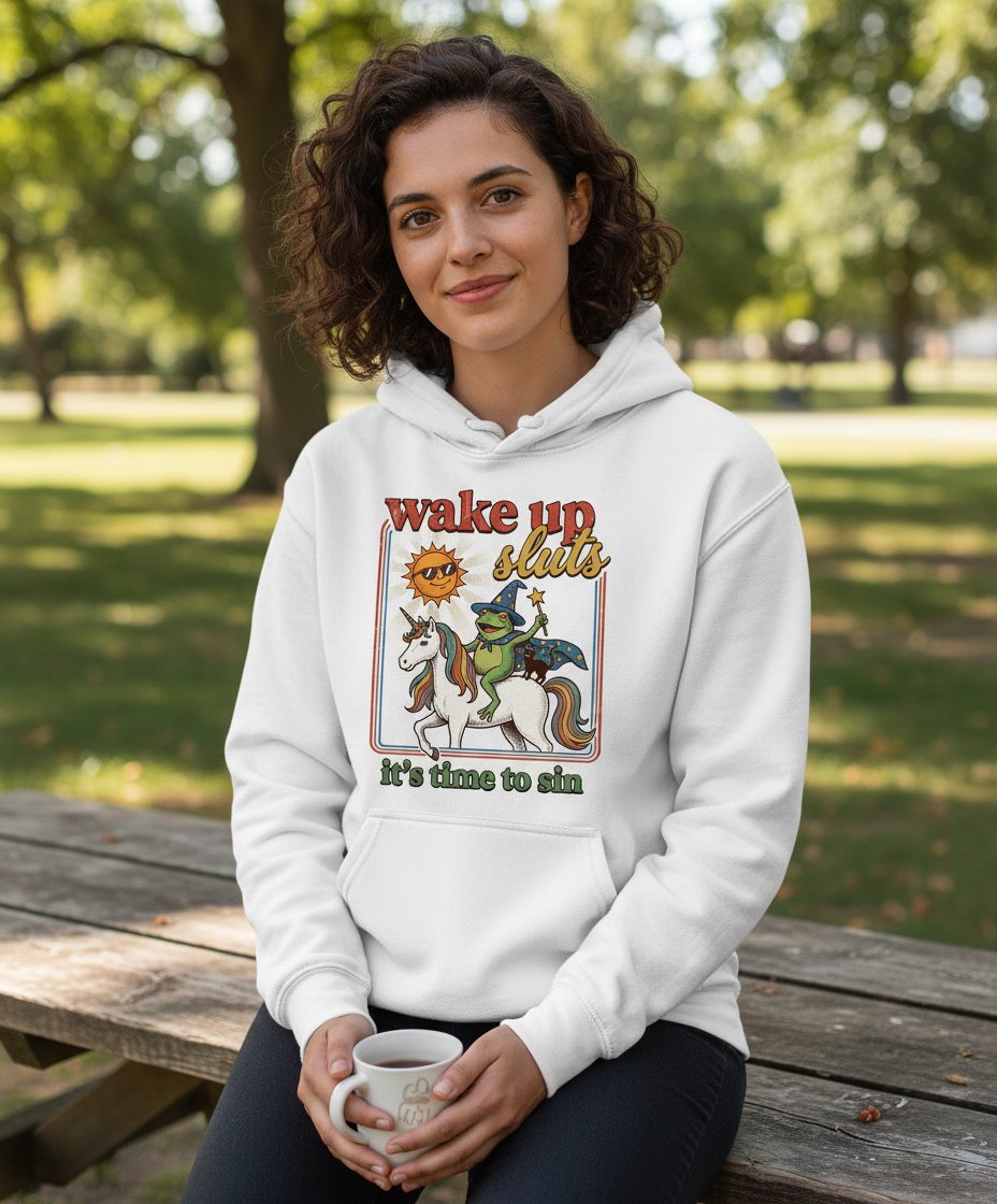 Wake Up Sluts It's Time to Sin Funny Wizard Frog Hoodie - lifestyle model mockup - White