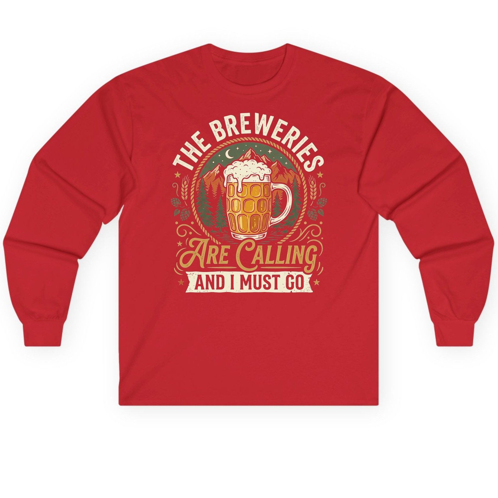 The Breweries Are Calling and I Must Go Long Sleeve Tee - product mockup - Red