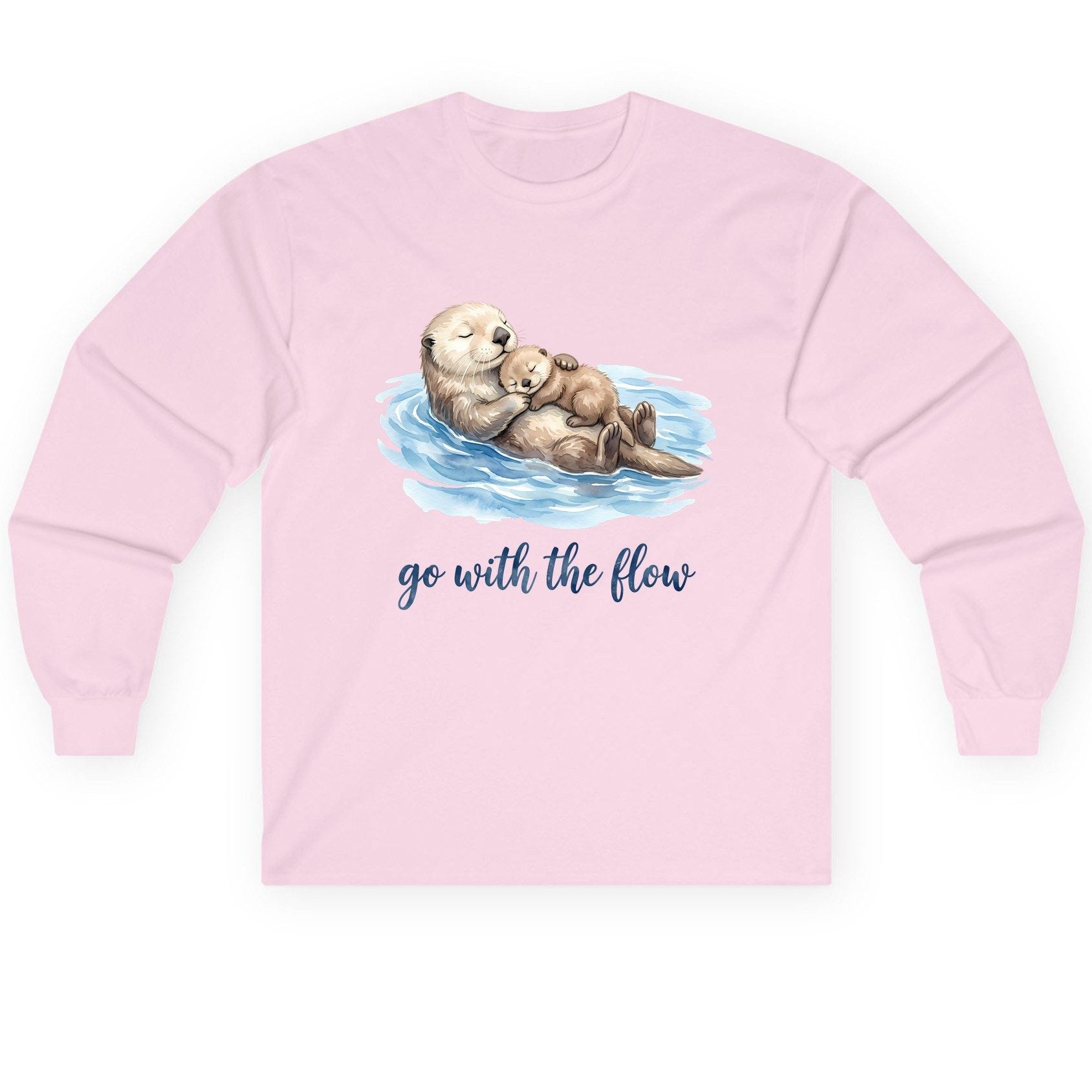 Go with the Flow Sea Otters Long Sleeve Tee - product mockup - Light Pink