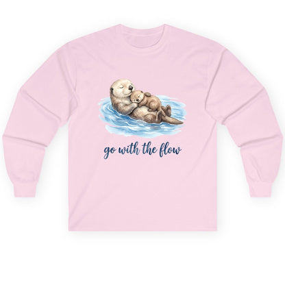 Go with the Flow Sea Otters Long Sleeve Tee - product mockup - Light Pink