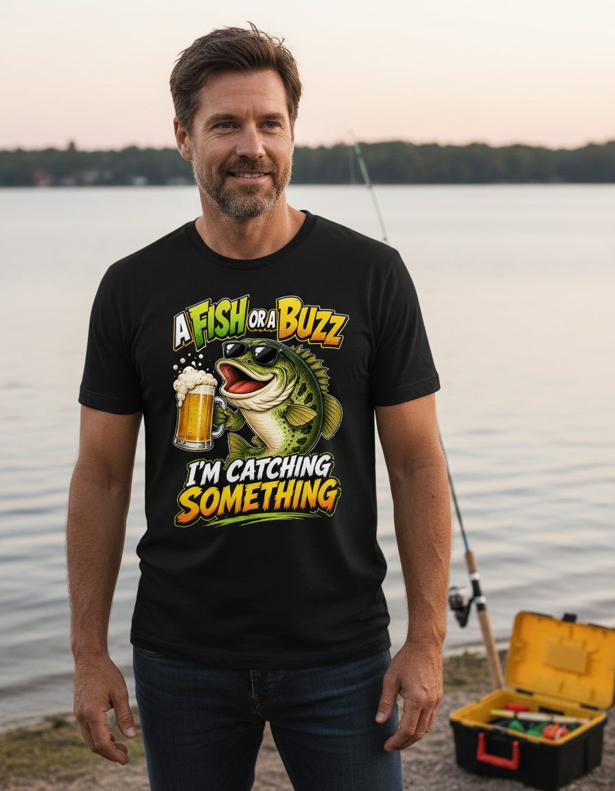 A FISH OR a BUZZ I'M Catching Something Funny Fishing T-Shirt - lifestyle model mockup - Black