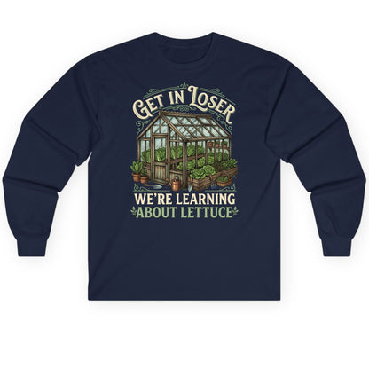 GET IN LOSER WE'RE Learning ABOUT Lettuce Long Sleeve Tee - product mockup - Navy
