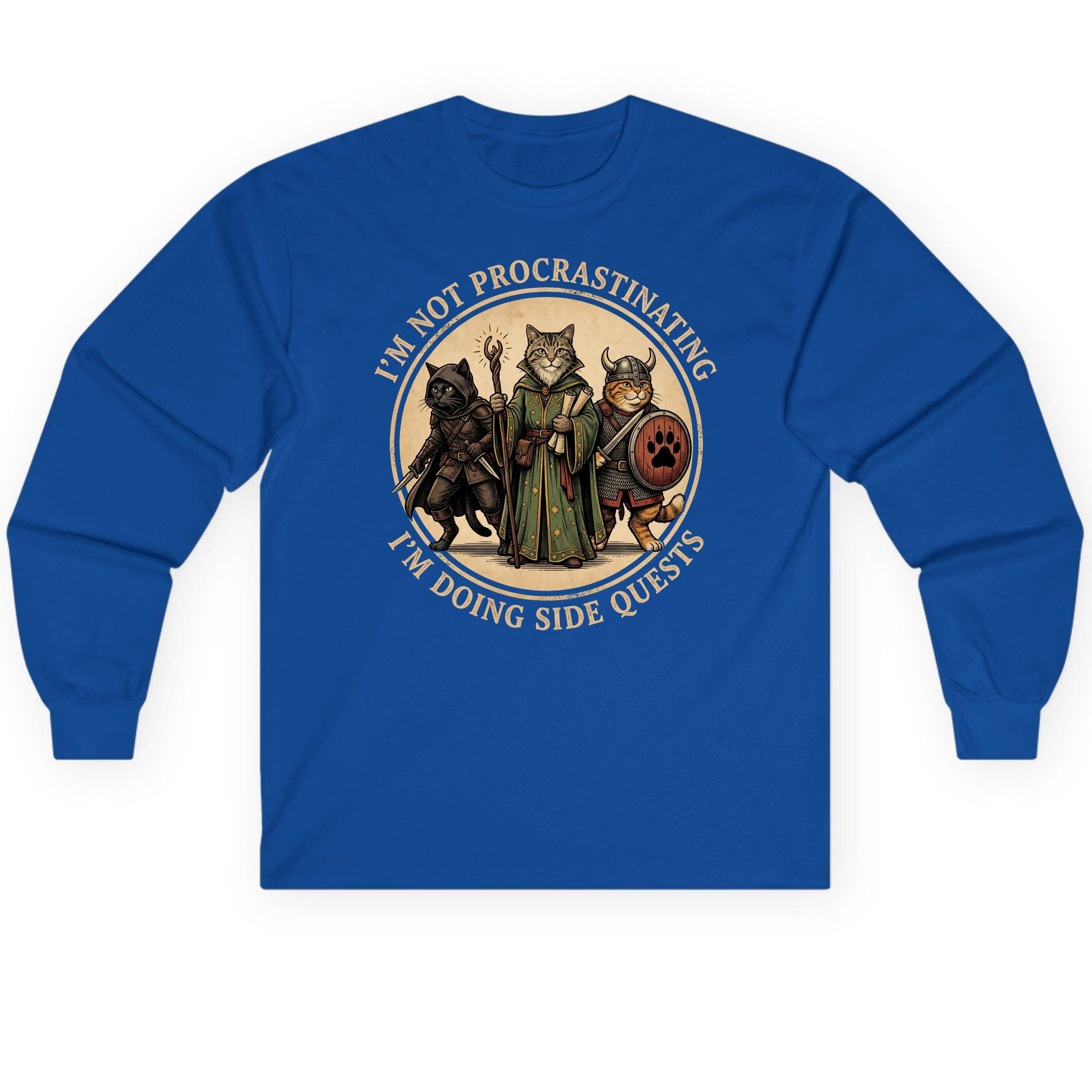 I'm Not Procrastinating I'm Doing Side Quests rpg cats Long Sleeve Tee Royal product mockup