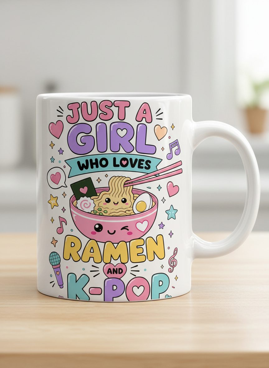 Just a Girl Who Loves Ramen and K-Pop Fans White Mug - product mockup - White